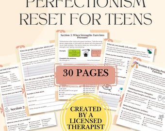 Könnte beinhalten: Ein Arbeitsbuch mit dem Titel "Perfektionismus-Reset für Teenager" mit 30 Seiten, erstellt von einem zugelassenen Therapeuten. Die Seiten enthalten Arbeitsblätter und Anregungen, um Teenagern zu helfen, mit Perfektionismus umzugehen.