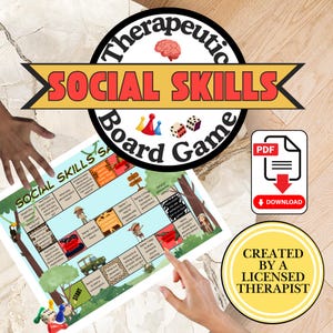 Peut inclure: Un jeu de plateau imprimable intitulé Therapeutic Social Skills avec un parcours sur le thème de la jungle, des cases questions, des arbres, une jeep et des personnages. Inclut une icône de téléchargement PDF et un badge Created by a Licensed Therapist.