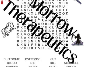 Könnte beinhalten: Ein Wortsuchrätsel mit dem Titel "Harm OCD ERP Word Search" mit Wörtern wie "Suizid" und "Mord". Das Bild enthält Illustrationen eines Messers, Blut, eines Grabsteins und eines Sensenmanns. Der Text "The Morrow Therapeutics" ist überlagert.
