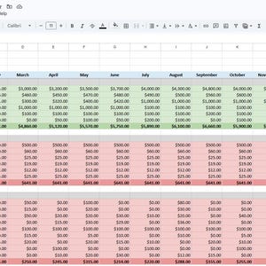 K&ouml;nnte beinhalten: Eine digitale Tabellenkalkulation mit dem Titel Therapist-Business-Income-and-Expense-Tracker 2026. Die Tabelle enth&auml;lt Zeilen f&uuml;r Einnahmen, feste monatliche Ausgaben und variable Gesch&auml;ftsausgaben sowie Spalten f&uuml;r jeden Monat und eine Jahressumme.