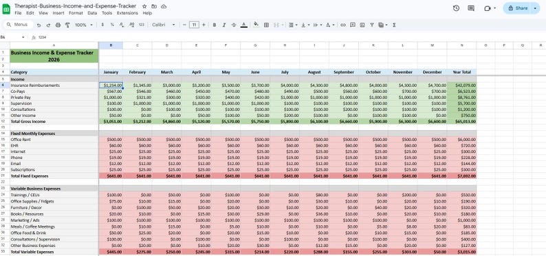K&ouml;nnte beinhalten: Eine digitale Tabellenkalkulation mit dem Titel Therapist-Business-Income-and-Expense-Tracker 2026. Die Tabelle enth&auml;lt Zeilen f&uuml;r Einnahmen, feste monatliche Ausgaben und variable Gesch&auml;ftsausgaben sowie Spalten f&uuml;r jeden Monat und eine Jahressumme.