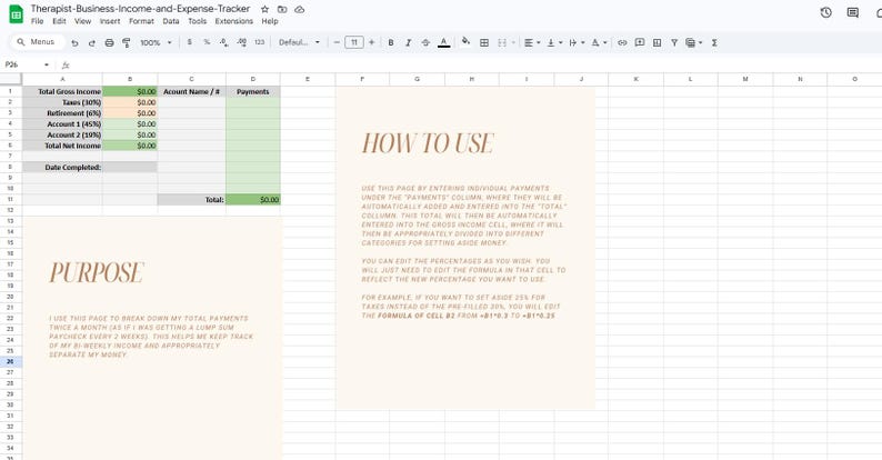 K&ouml;nnte beinhalten: Eine digitale Tabellenkalkulationsvorlage mit dem Titel Therapist-Business-Income-and-Expense-Tracker. Sie enth&auml;lt eine Tabelle f&uuml;r Bruttoeinkommen, Steuern, Altersvorsorge und Konten sowie Textfelder mit Purpose und How to Use.
