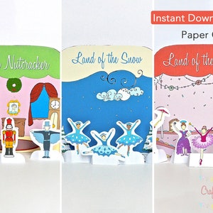 May include: Three printable paper craft scenes featuring the Nutcracker, Land of the Snow, and Land of the Sweets. Each scene includes characters and a backdrop for a fun and interactive craft project.