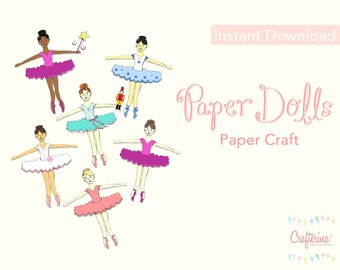 May include: Illustration of several ballerina paper dolls in various poses, wearing tutus in pink, blue, and white. One doll holds a wand, and another holds a toy soldier. The words "Paper Dolls" and "Paper Craft" are written in pink script.