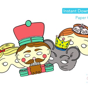 May include: Printable paper craft masks featuring characters from the Nutcracker ballet. The masks include a Nutcracker soldier, a ballerina, a mouse king, and a sugar plum fairy. The masks are designed to be cut out and colored.