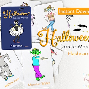 Puede incluir: Conjunto de tarjetas imprimibles Halloween Dance Moves. Las tarjetas presentan ilustraciones de diferentes personajes de Halloween y movimientos de baile, como un brazo de robot, paseos de monstruos y un gato bailarín.