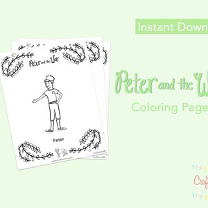 May include: Black and white coloring page featuring Peter from the story "Peter and the Wolf". The page includes a simple illustration of Peter standing with his arms outstretched. The text "Peter and the Wolf" is written above the illustration, and the word "Peter" is written below the illustration.