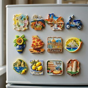 Pode incluir: Uma coleção de ímanes de frigorífico coloridos com tema italiano. Os ímanes retratam vários marcos, alimentos e símbolos italianos, incluindo uma Vespa, pizza e a Torre Inclinada de Pisa. Os ímanes são de várias formas e tamanhos.