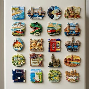 Könnte beinhalten: Eine Sammlung farbenfroher Souvenir-Magnete mit berühmten Wahrzeichen und Szenen aus England, darunter die Tower Bridge, Big Ben und die White Cliffs of Dover. Jeder Magnet ist einzigartig gestaltet und detailliert.