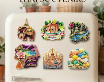 Thailand Vacation Souvenir Magnet, Tropical Koh Samui Orchid Gift, Krabi Coral Beach Decor, Thai Elephant Temple, 3D Resin Craft