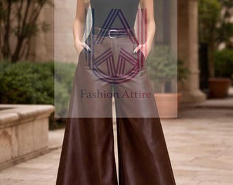 Genuine Sheep Leather Wide Leg Pants, High Waist Culottes, Luxury Brown Leather Palazzo