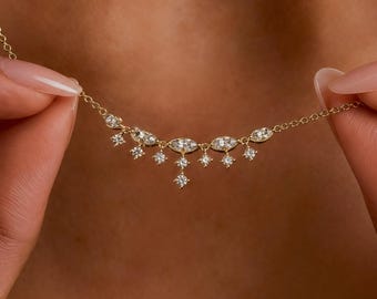 14K Gold Plated Marquise CZ Star Pendant Necklace, Celestial Bridal Choker, Wedding Jewelry