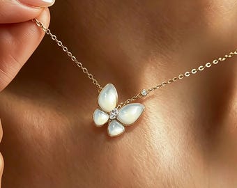 Dainty Mother of Pearl Butterfly Necklace, 18K Rose Gold Plated Choker, Coquette Fairycore Shell Jewelry, Summer Birthday Gift for Her