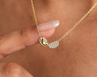 14K Gold Plated Double Bean Necklace, Pave CZ Pendant, Minimalist Jewelry