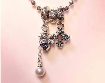 Y2K Cross Perfume Bottle Necklace, Grunge Fairycore Silver Pearl Pendant, Cyberpunk Aesthetic Jewelry, Millennial Gift for Her