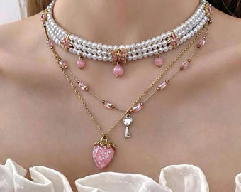 3-Piece Layered Pearl Choker Necklace Set, Cute Pink Strawberry Charm, Stackable Coquette Cottagecore Jewelry, Summer Birthday Gift