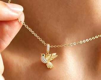 18K Gold Plated Hummingbird Necklace, Dainty Bird Pendant, Layering Jewelry, Memorial Gift