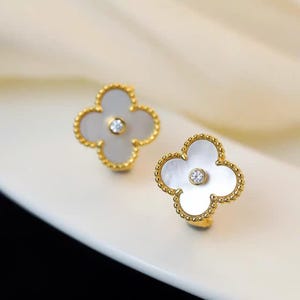 White Mother of Pearl Clover Stud Earrings, 18K Gold Plated, Dainty Flower Jewelry