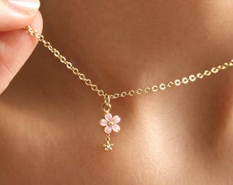 Dainty Pink Sakura Flower Necklace, 18K Gold Plated Cherry Blossom Pendant, Coquette Soft Girl Aesthetic Jewelry, Cute Summer Gift for Her