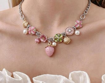 Strawberry Charm Statement Necklace, Coquette Pearl Floral Pendant, Y2K Dainty Women’s Jewelry,Summer Birthday Gift for Her