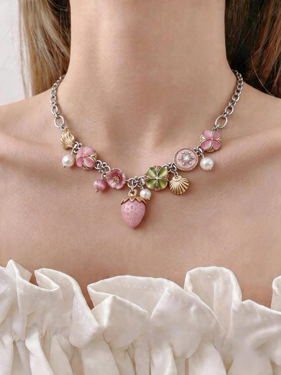 Strawberry Charm Statement Necklace, Coquette Pearl Floral Pendant, Y2K Dainty Women’s Jewelry,Summer Birthday Gift for Her