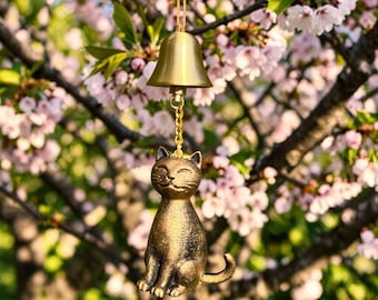 Antique Bronze Cat Wind Chime | Small Metal Lucky Kitty Bell | Rustic Zen Garden Decor | Unique Cat Lover Gift