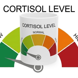 May include: White ceramic mug with the words "CORTISOL LEVEL" printed on it. The mug features a gauge graphic indicating cortisol levels, ranging from low to high, with "NORMAL" in the center. The background has a green, yellow, orange, and red color scheme.