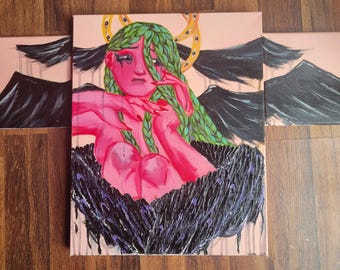 The Fallen Triptych – Pink Figure Black Wings Oil Paintings