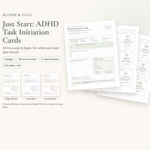 Puede incluir: Un conjunto de tarjetas imprimibles para la iniciación de tareas TDAH tituladas Just Start, con 18 tarjetas recortables en 5 páginas en tonos verde salvia, lavanda y rosa empolvado. Los documentos están en formatos US Letter y A4.