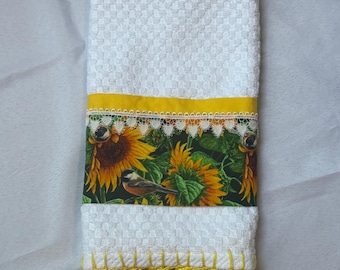 Sunflower Kitchen Towel. Crochet- Edged on Yellow.