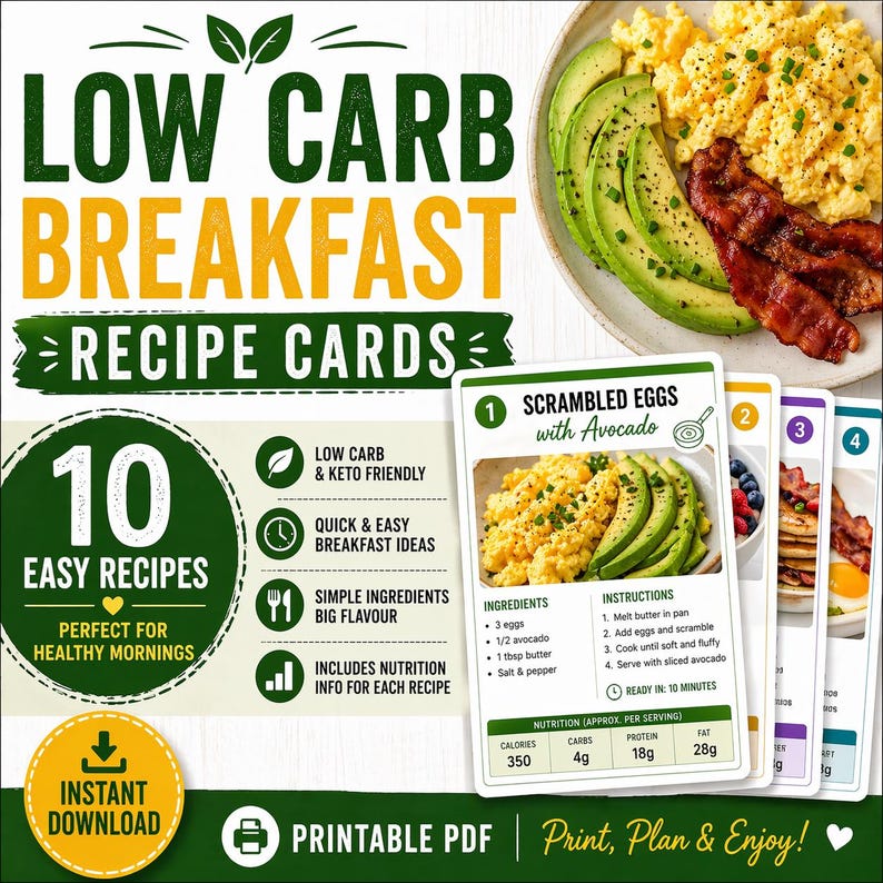 10 Easy Low Carb Breakfast Recipe Cards - Etsy