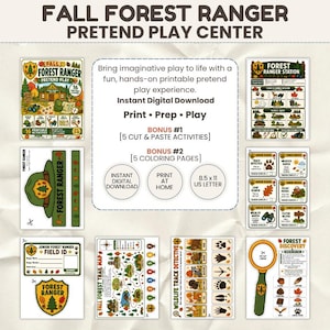 Könnte beinhalten: Ein ausdruckbares Herbst-Waldhüter-Rollenspiel-Set mit 16 Aktivitäten, einem Waldhüterstationsschild, einem Hut zum Ausschneiden, einem Ausweis, einer Wanderkarte, Wildtier-Spurenkarten und einer Lupe. Enthält Bonus-Mal- und Bastelseiten.