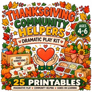 Kit de dramatização sobre os profissionais da comunidade para o Dia de Ação de Graças, atividades para pré-escola, jogo de faz-de-conta para imprimir, download digital.