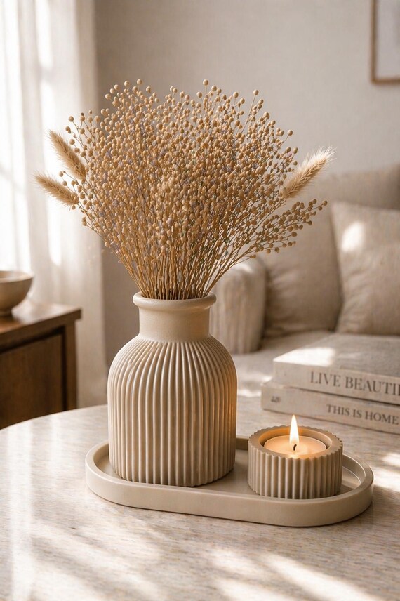 Minimalist Vase and Candle Holder Set, Modern Home Decor, Beige Ribbed Vas