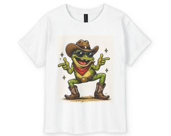 カウボーイフロッグの子供用Tシャツ｜踊るカエルのイラスト、ウエスタンブーツと帽子