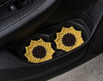 Conjunto de porta-copos de crochê com girassóis para carro, feito à mão.