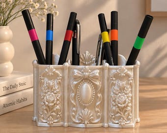 Portalápices de estilo vintage, organizador de escritorio impreso en 3D, portalápices victoriano, organizador de papelería ornamentado, decoración romántica para el escritorio.