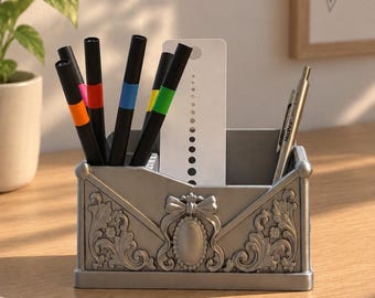 Portalápices de estilo vintage, organizador de escritorio impreso en 3D, portalápices ornamentado, decoración estética para la oficina, accesorios de escritorio barrocos