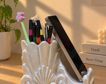 Portalápices y soporte para teléfono impresos en 3D, organizador de escritorio con forma de concha, decoración estética para escritorio, organizador de artículos de oficina, bonito accesorio de oficina