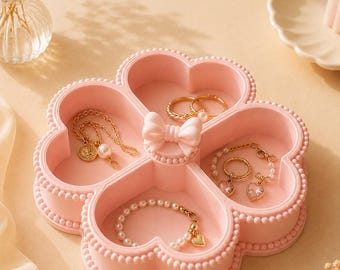 Organizador de joyas Coquette Heart con lazo, bandeja para joyas de cuatro compartimentos impresa en 3D