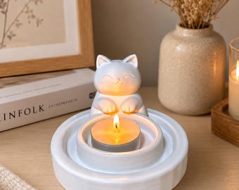 Portavelas con diseño de gato adorable / Portavelas kawaii impreso en 3D / Decoración minimalista para escritorio / Regalo para amantes de los gatos / Decoración acogedora para el hogar