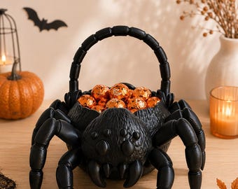 Cesta grande para dulces con forma de araña, cuenco para golosinas de Halloween impreso en 3D con asa, decoración espeluznante.