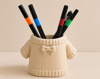 Portalápices con lazo y diseño de suéter, portalápices impreso en 3D, organizador de escritorio kawaii.