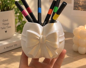 Portalápices con forma de lazo, portalápices impreso en 3D, organizador de escritorio coqueto y adorable, decoración para tocador.