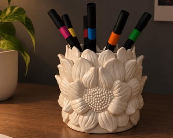 Portalápices con forma de girasol impreso en 3D, portalápices floral, organizador de escritorio, bonita decoración de oficina, accesorio de escritorio estético