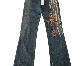 Laura Biagiotti Low Waist Bootcut Y2K Jeans, Flower Sequence & Beads Details, Size 24