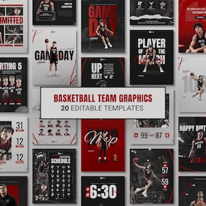 Op de afbeelding: Een verzameling van 20 bewerkbare basketbalteam grafische sjablonen met zwart, wit en rode kleurenschema's. De ontwerpen bevatten spelersportretten, wedstrijdaankondigingen, schema's en scoreborden met gedurfde typografie en sportieve beelden.