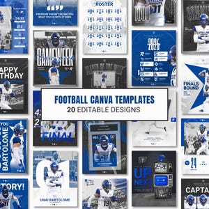 May include: A collection of twenty editable digital football Canva templates featuring blue and white color schemes, athletic typography, and various layouts for player stats, game schedules, rosters, and championship announcements.