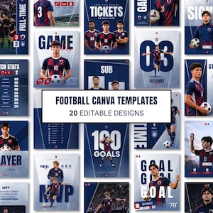 Pode incluir: Uma coleção de vinte modelos digitais de futebol para Canva com esquemas de cores azul-escuro e vermelho. Os designs incluem perfis de jogadores, estatísticas de partidas, anúncios de dias de jogo e destaques de gols com tipografia.