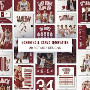 Könnte beinhalten: Eine Sammlung von zwanzig bearbeitbaren Basketball-Canva-Vorlagen in den Farben Kastanienbraun und Weiß. Die Designs umfassen Layouts für Spielpläne, Mannschaftskader, Startaufstellungen, Spielerstatistiken und wöchentliche Spielergebnisse.